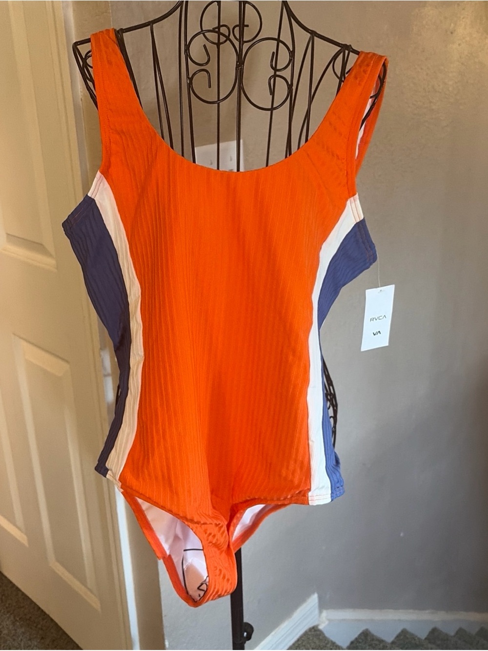 RVCA Orange Colorblock One-Piece Swimsuit with Blue and White Panels
